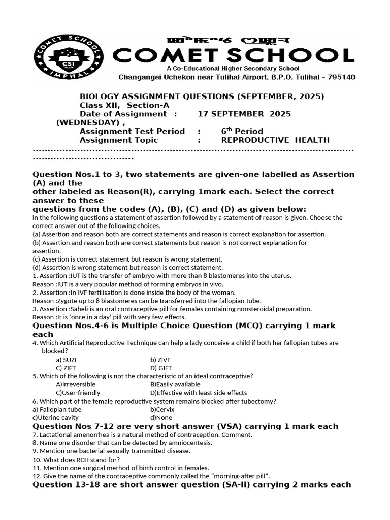 Class Xii Biology Assignment Questions September | PDF | Birth Control ...