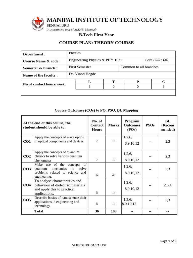 Engineering Physics Course Plan | PDF | Laser | Dielectric