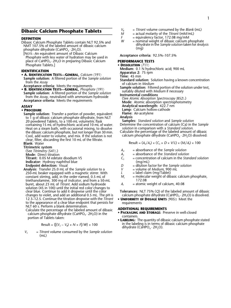Dibasic Calcium Phosphate Tablet Analysis | PDF | Titration | Chemistry