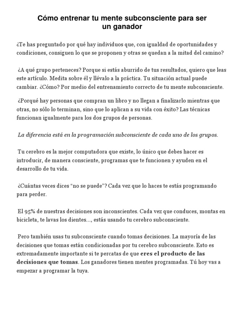 Entrena tu mente subconsciente para ganar | PDF | Mente | Science