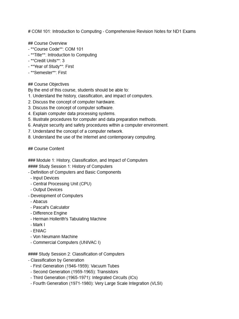 COM 101: Intro to Computing Notes | PDF | Computer Network | Computer ...