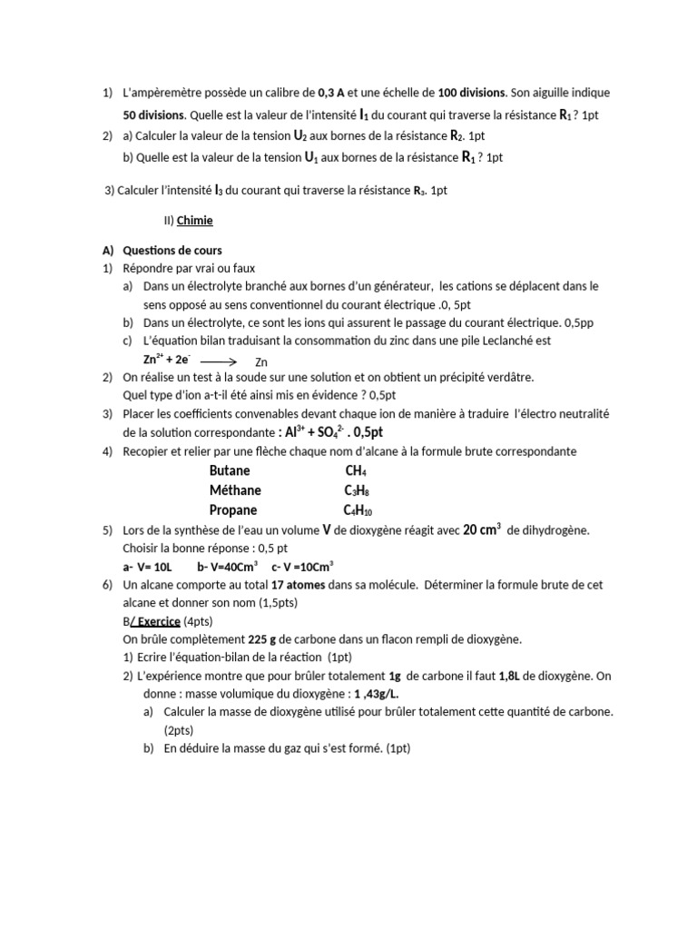 Calculs d'intensité et réactions chimiques | PDF