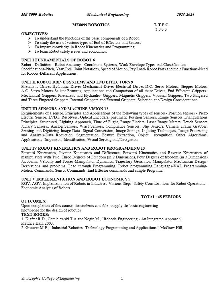 Robotics Course Overview and Curriculum | PDF | Actuator | Electric Motor