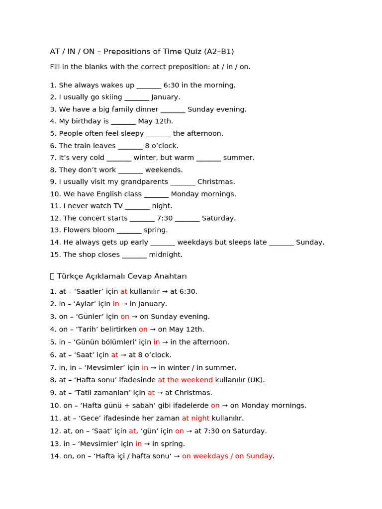 At in On Time Quiz With Answers | PDF