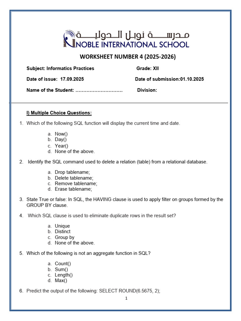 SQL Practice Worksheet for Grade XII | PDF | Sql | Information ...