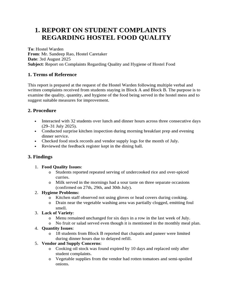 Hostel Food Quality Complaint Report | PDF | Mentorship | Survey ...