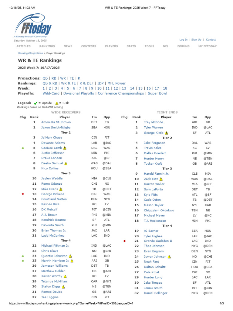 WR & TE Rankings: Week 7, 2025 | PDF | American Football | National ...