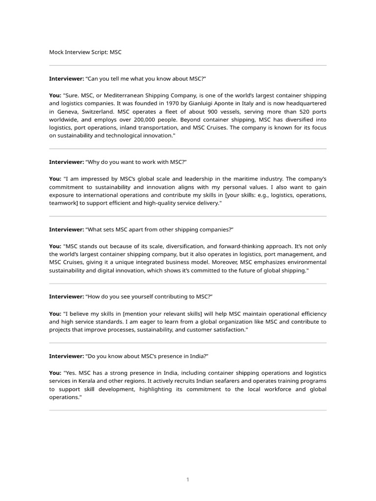 MSC Mock Interview Preparation Guide | PDF