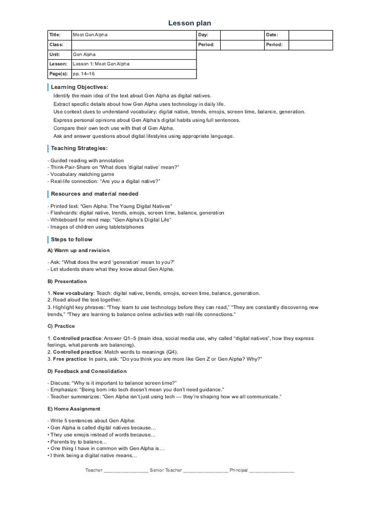 Unit 1 - Gen Alpha - Lesson Plans (A4 Portrait) | PDF