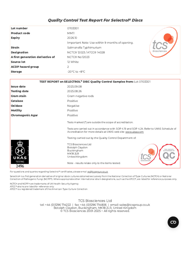 Selectrol® Disc Quality Control Report | PDF | Biology | Microbiology