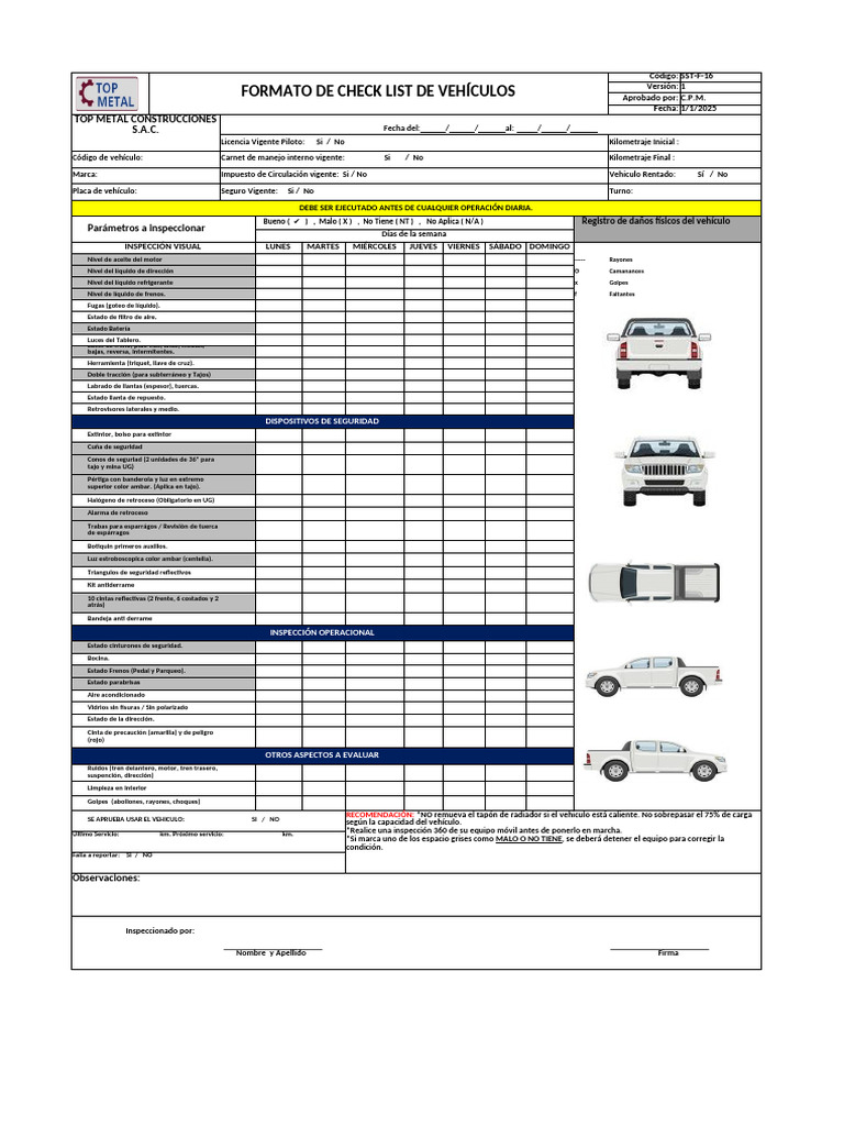 Check List de Inspección de Vehículos | PDF | Vehículo de motor ...