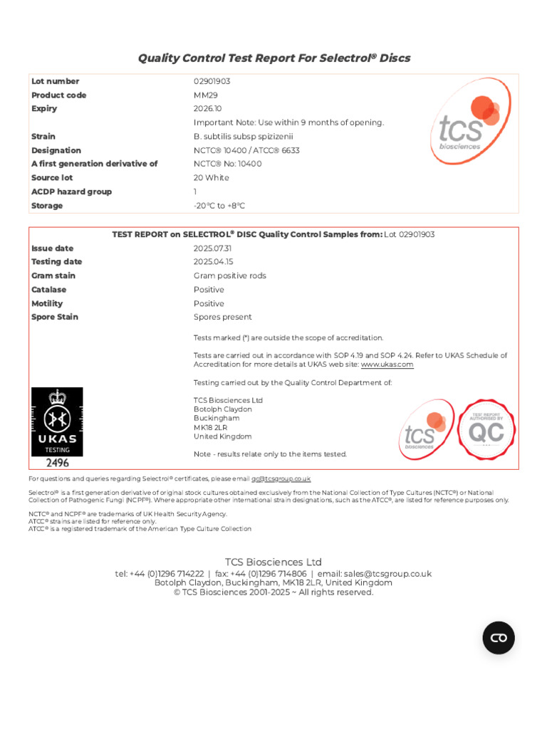 Selectrol® Quality Certificate - TCS Biosciences - Life Sciences ...