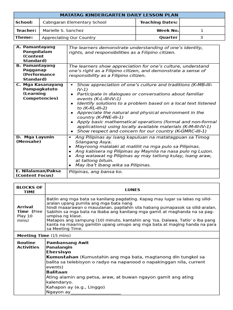 Matatag Kindergarten Daily Lesson Plan q3 w1 | PDF