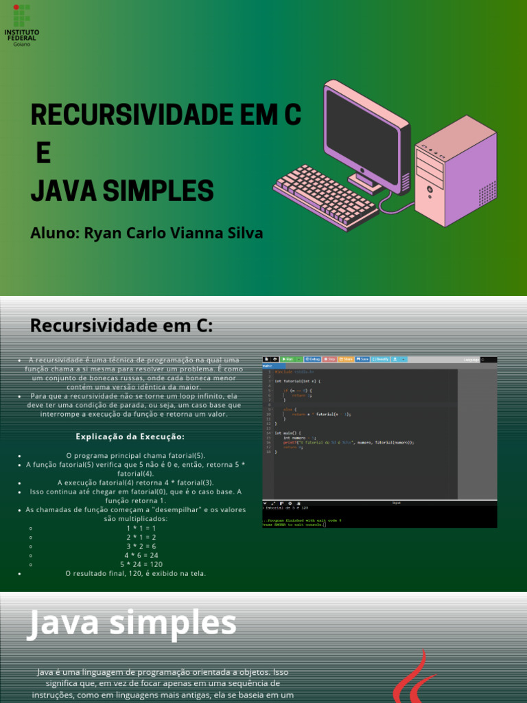 Recursividade em C e Java: Guia Prático | PDF | Classe (programação de ...