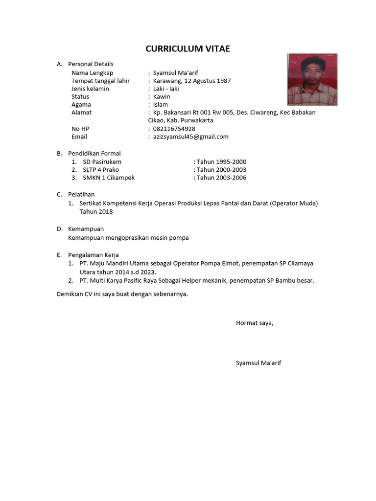 CV Syamsul Ma'arif: Operator Pompa | PDF