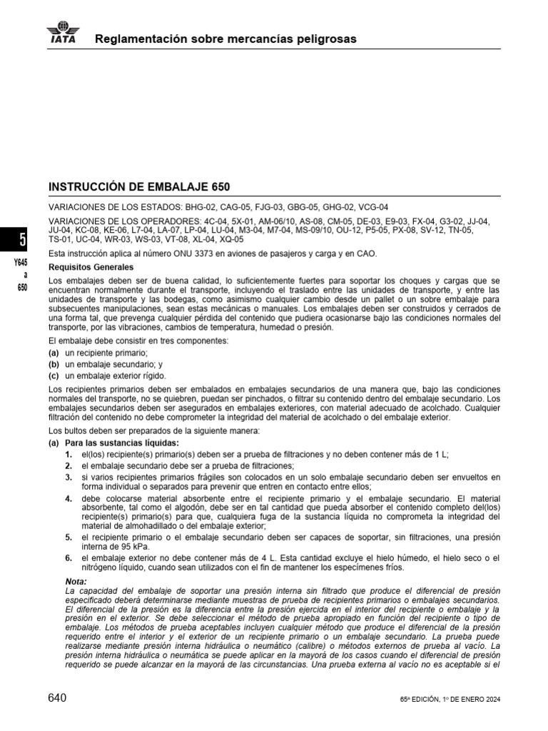 Instrucción de Embalaje 650 para Mercancías Peligrosas | PDF | Presión ...