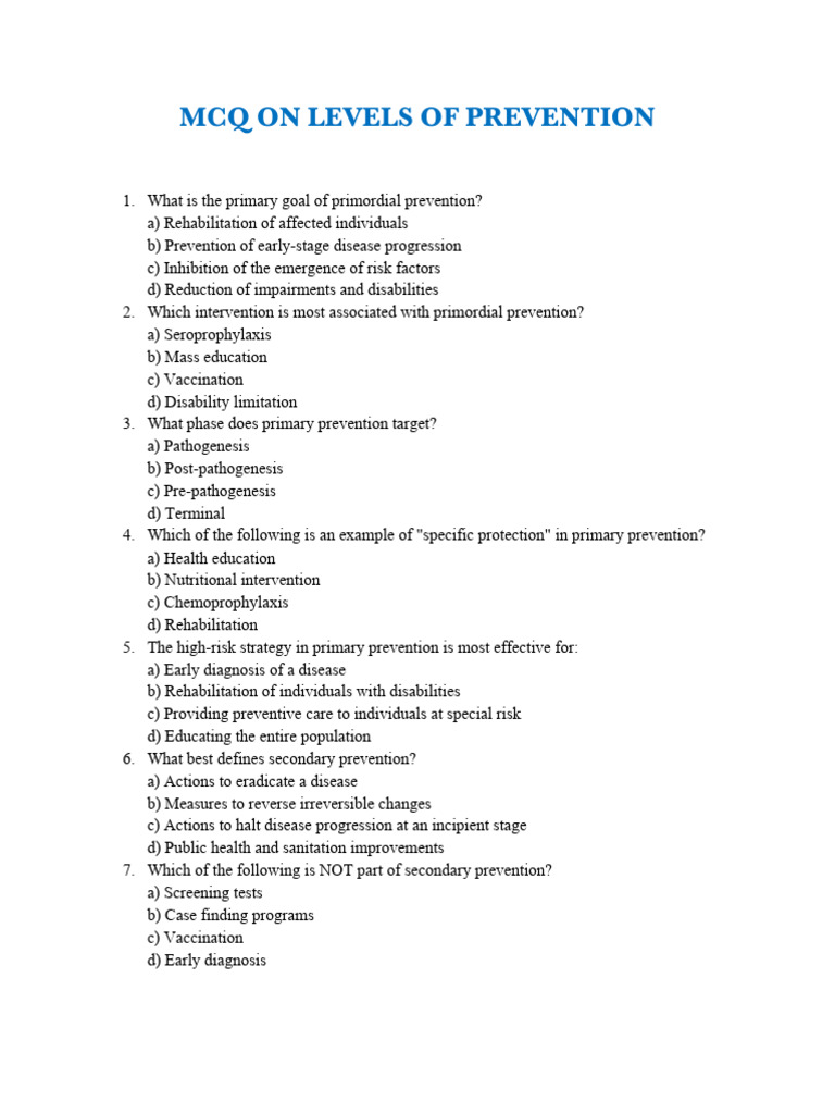 MCQs on Prevention Levels in Health | PDF | Preventive Healthcare ...