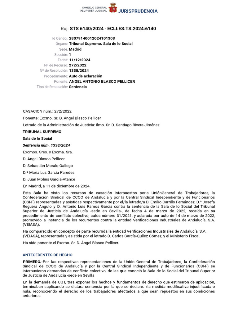 Sentencia del TS sobre conflicto laboral VEIASA | PDF | Caso de ley ...