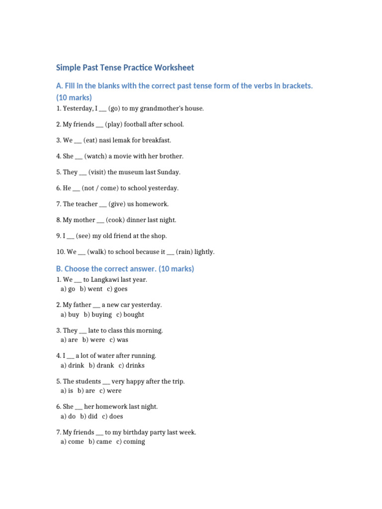 Simple Past Tense Worksheet | PDF