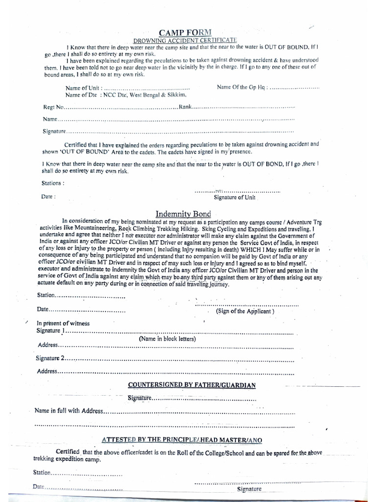 Camp Participation Indemnity Form | PDF
