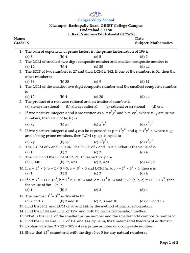 Grade X Mathematics Real Numbers Worksheets | PDF | Numbers | Factorization