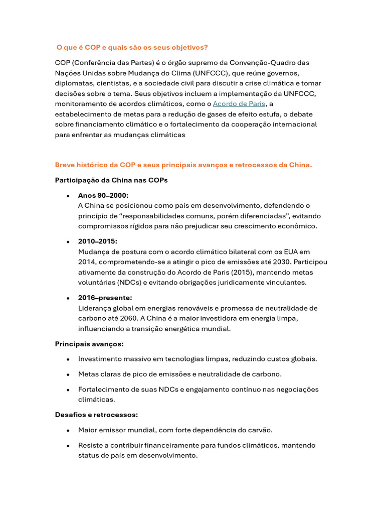 COP: Objetivos e Papel da China | PDF