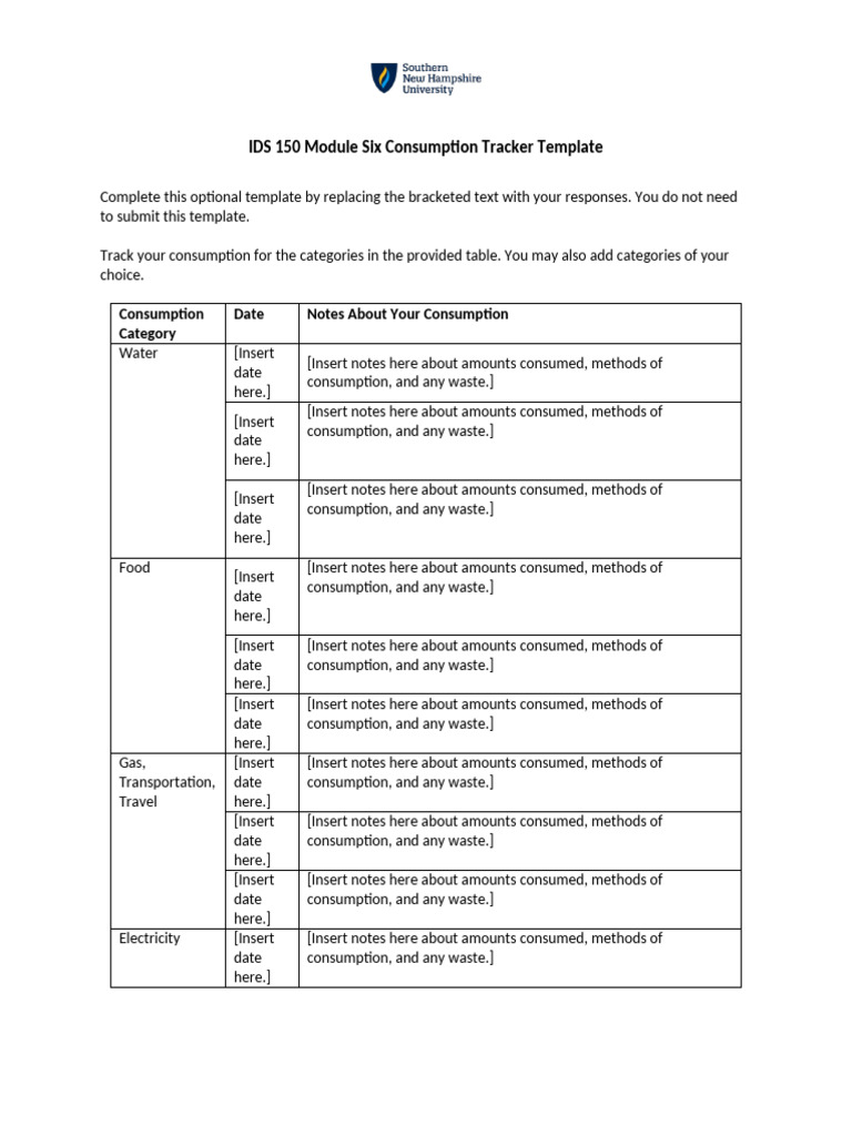 Consumption Tracker Template for IDS 150 | PDF | Consumption (Economics)