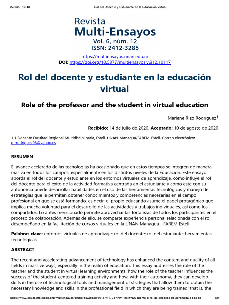 Roles en Educación Virtual: Docente y Estudiante | PDF | Aprendizaje ...