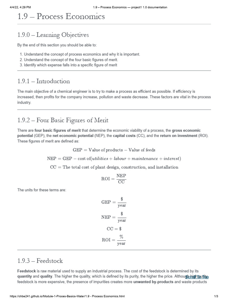 1.9 - Process Economics - Project1 1.0 Documentation | PDF | Return On ...
