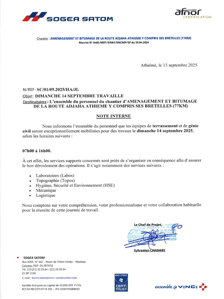 Note Interne Dimanche 14 Septembre 2025 | PDF