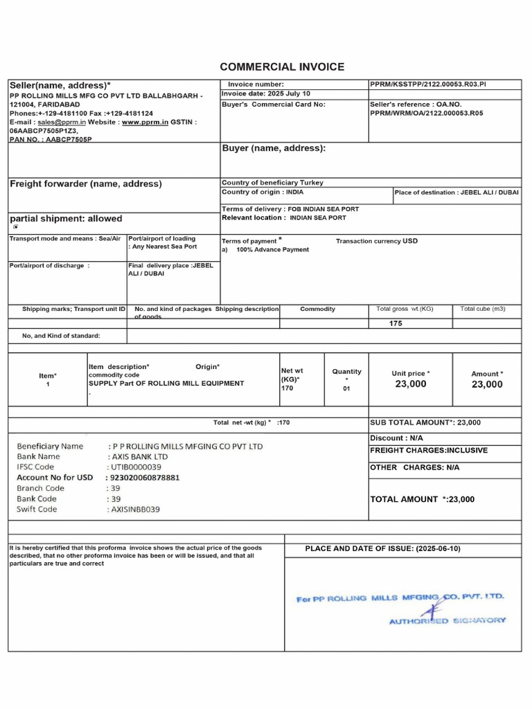 Invoice PP Roling Usd 23000 Albaraka Turk | PDF