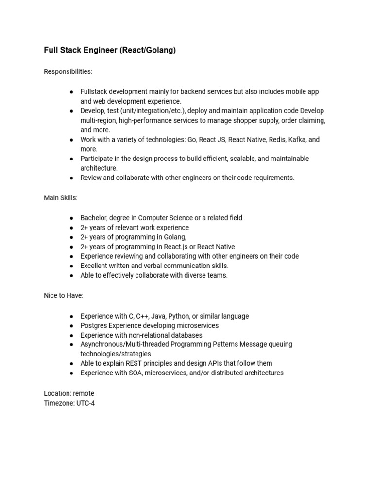 Full Stack Engineer (React - Golang) | PDF