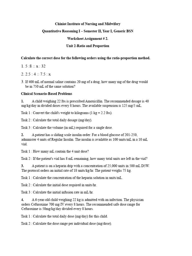Drug Dose Calculation Worksheet | PDF