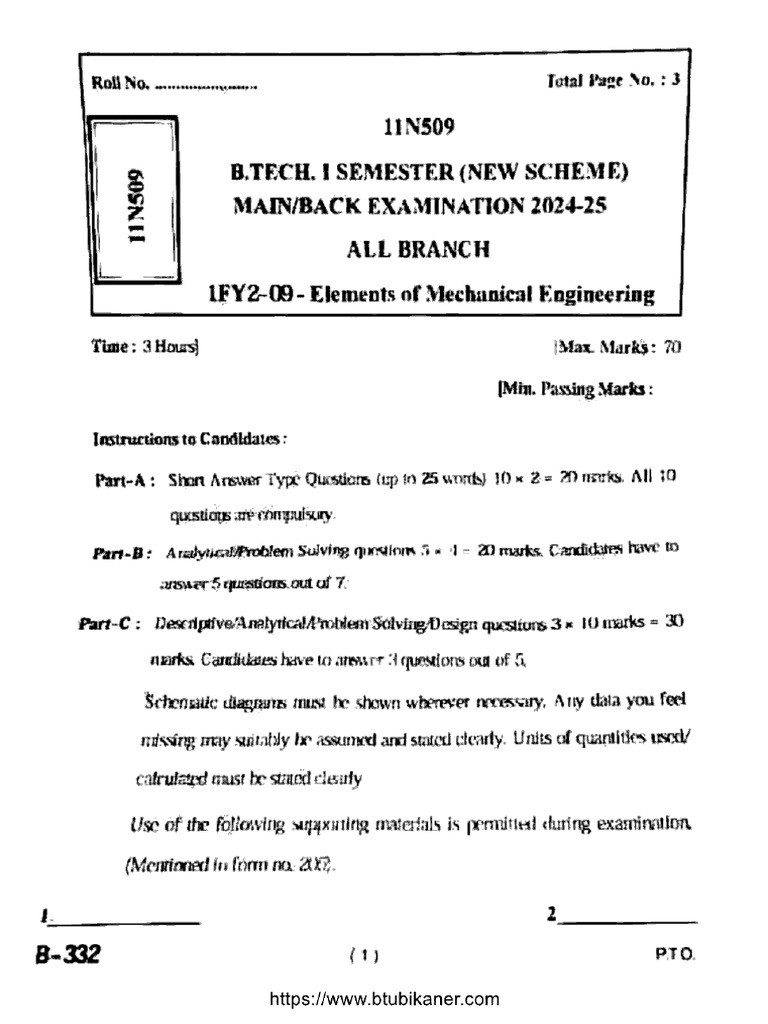 Btech 1 Sem Elements of Mechanical Engineering 11n509 2025 | PDF