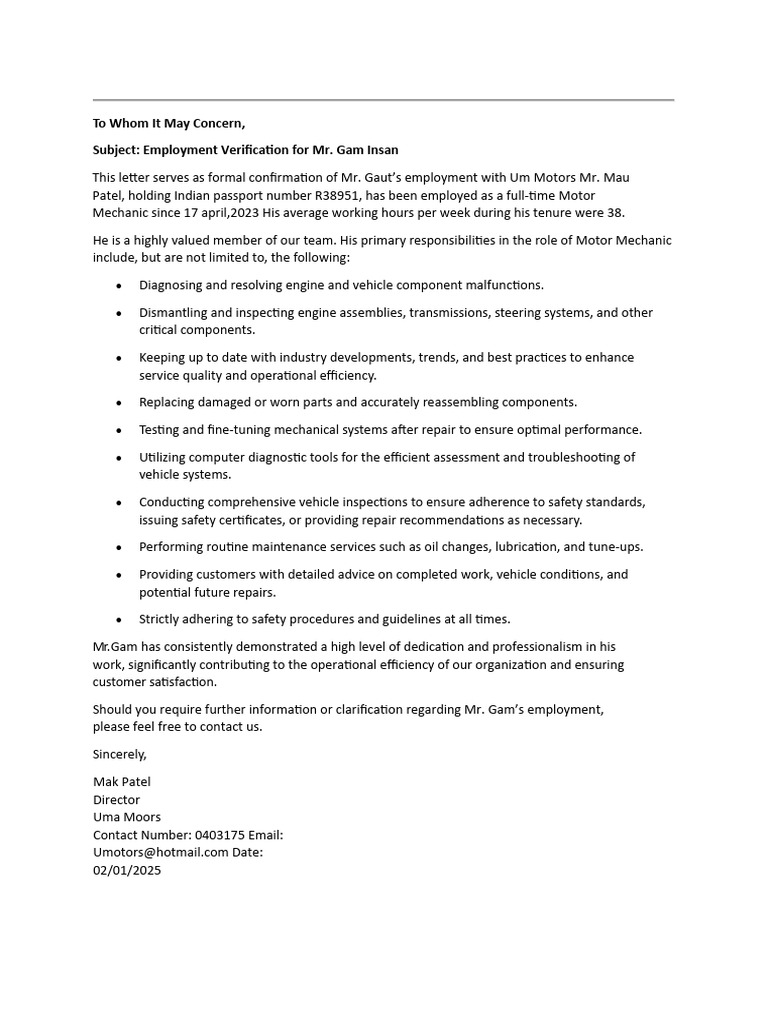 Job Refrence Letter Draft Motor Mechanic | PDF