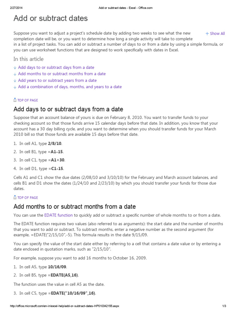 Add or Subtract Dates - Excel - Office | PDF | Microsoft Excel ...