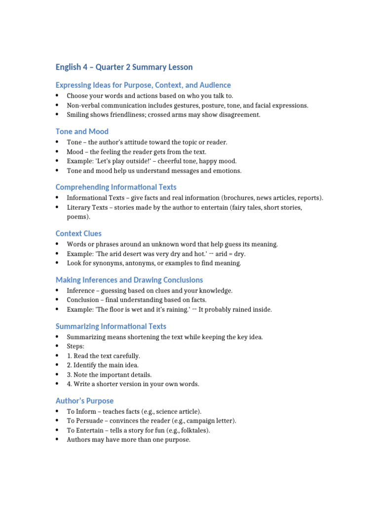 English 4 Quarter 2 Lesson Summary | PDF