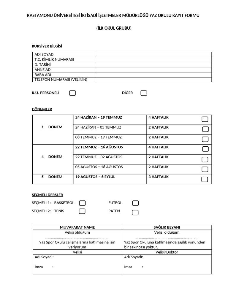 Yaz Okulu Kayit Formu Ilkokul | PDF