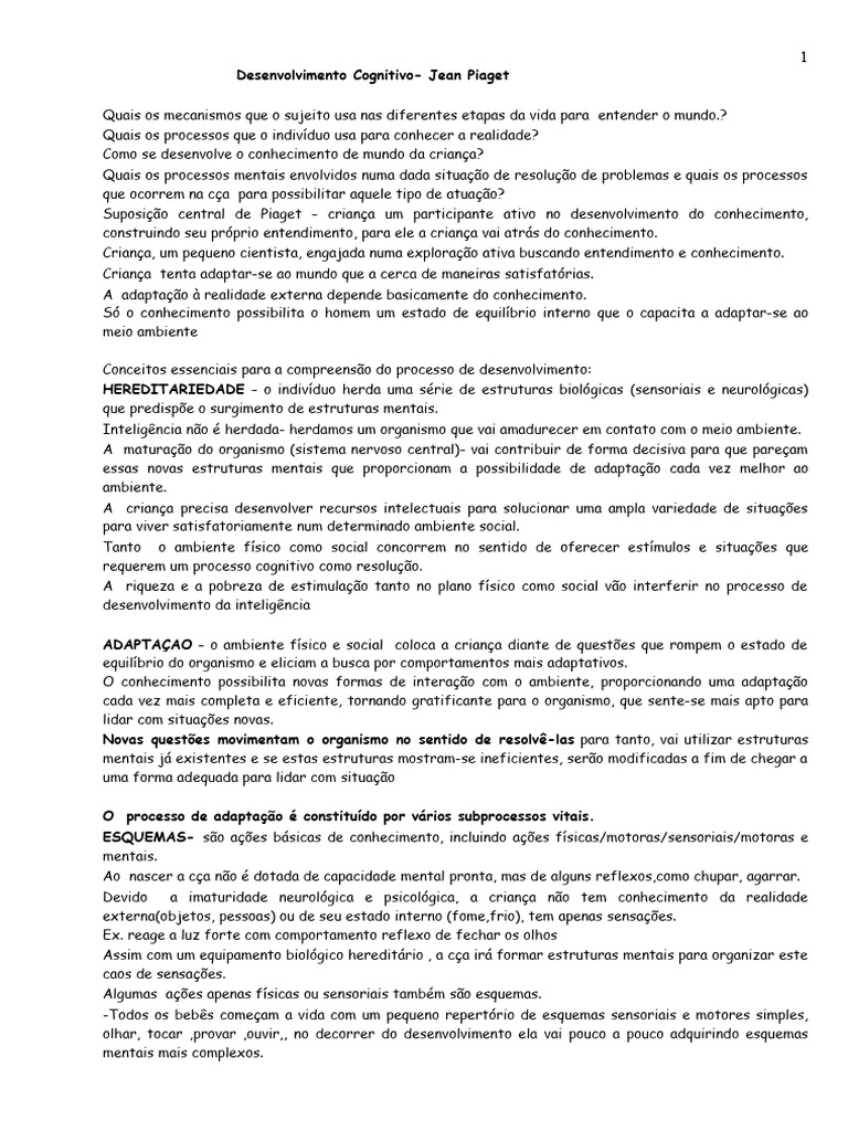 Desenvolvimento Cognitivo Infantil: Piaget | PDF | Adaptação | Pensamento