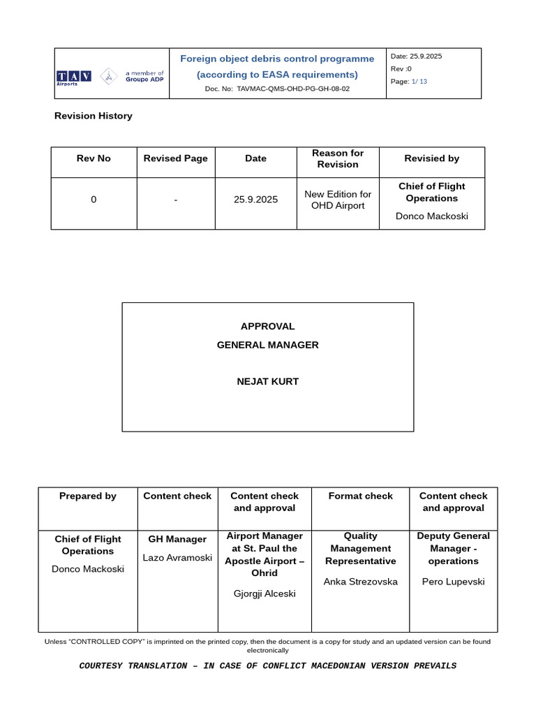 FOD Control Program for Ohrid Airport | PDF | Foreign Object Damage ...
