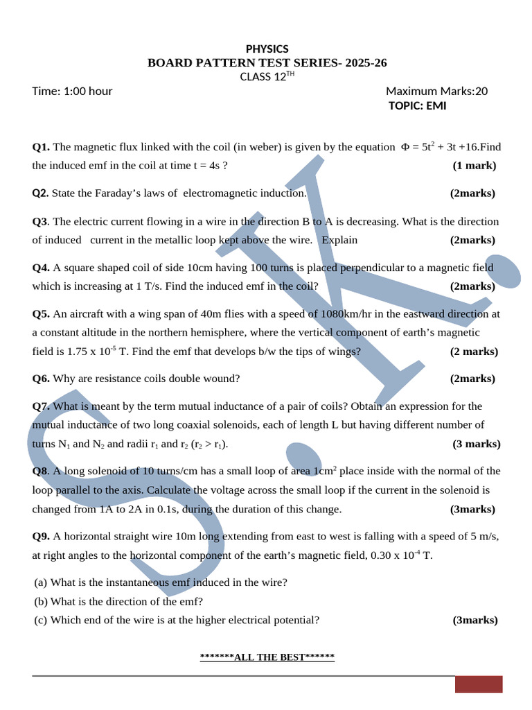 Class 12 EMI Test Series 2025-26 | PDF | Inductor | Electromagnetic ...