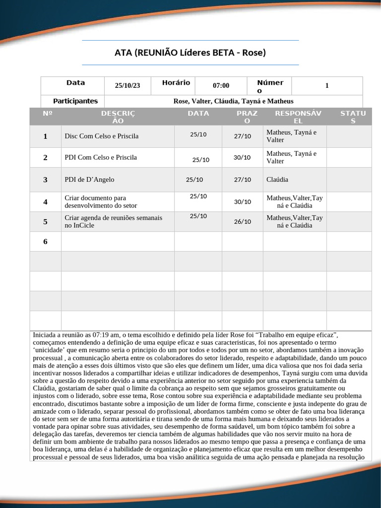 ATA REUNIÃO Líderes BETA Com Rose | PDF | Liderança