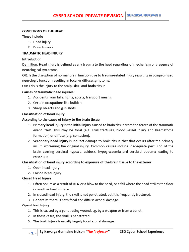 Head Injury Overview for Surgical Nursing | PDF | Traumatic Brain ...