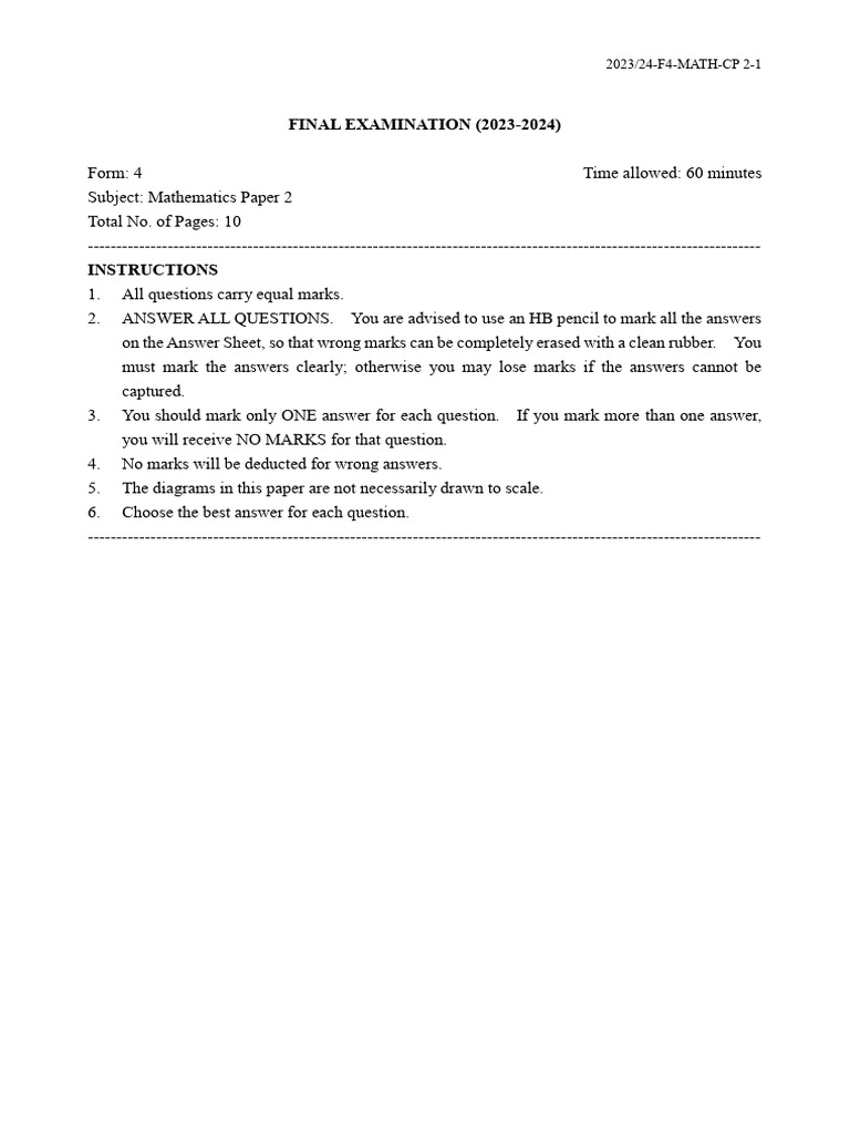 2023-2024 Form 4 Math Final Exam | PDF | Circle | Coordinate System