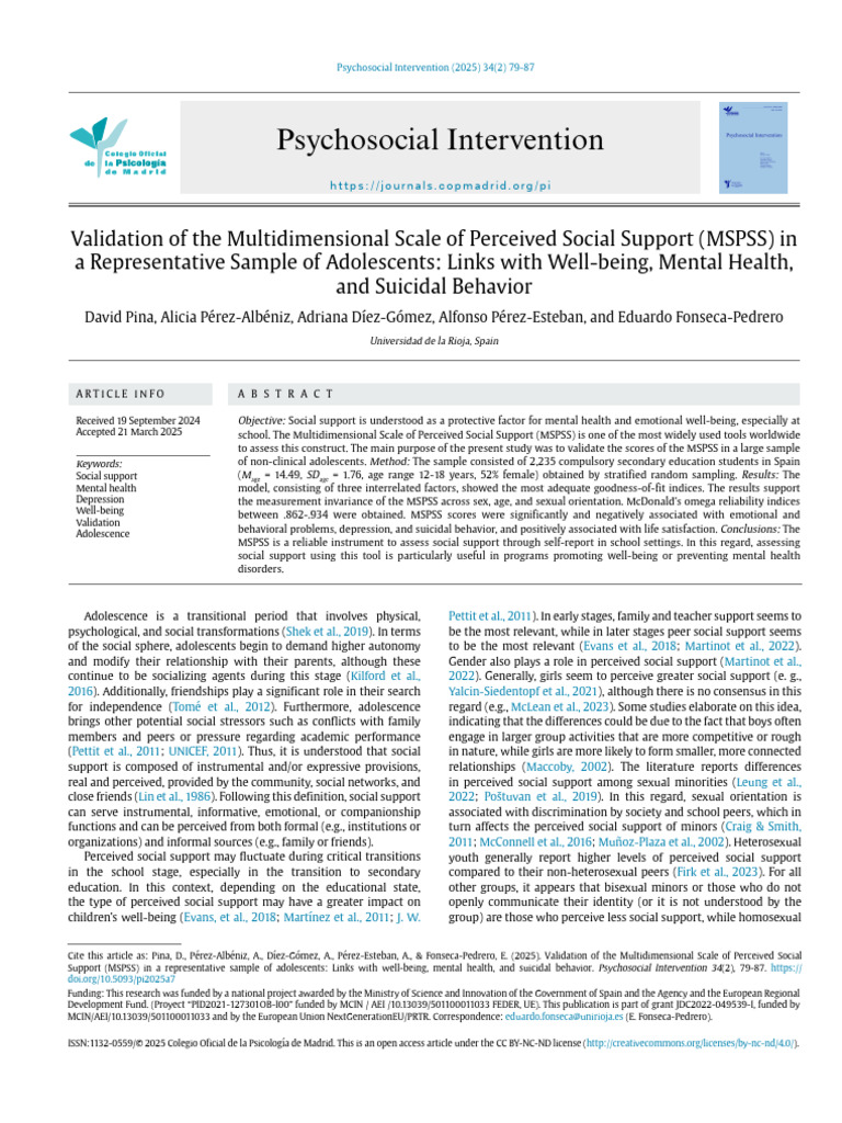 MSPSS Validation in Spanish Adolescents | PDF | Social Support | Sexual ...