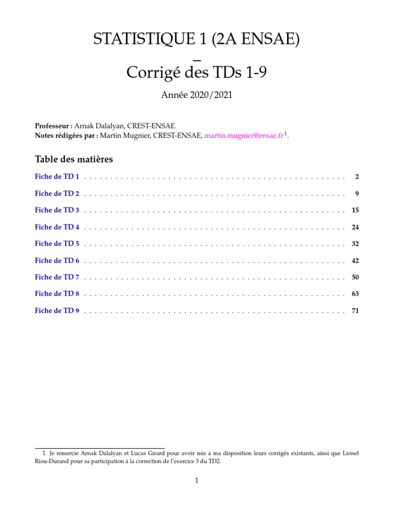 Corrigé TD Statistique 1 - ENSAE 2021 | PDF | Loi de probabilité ...