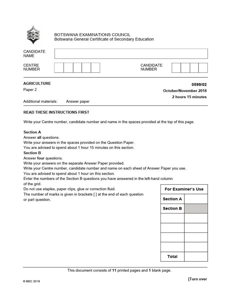 BGCSE Agriculture Paper 2 Instructions | PDF | Paper | Agriculture
