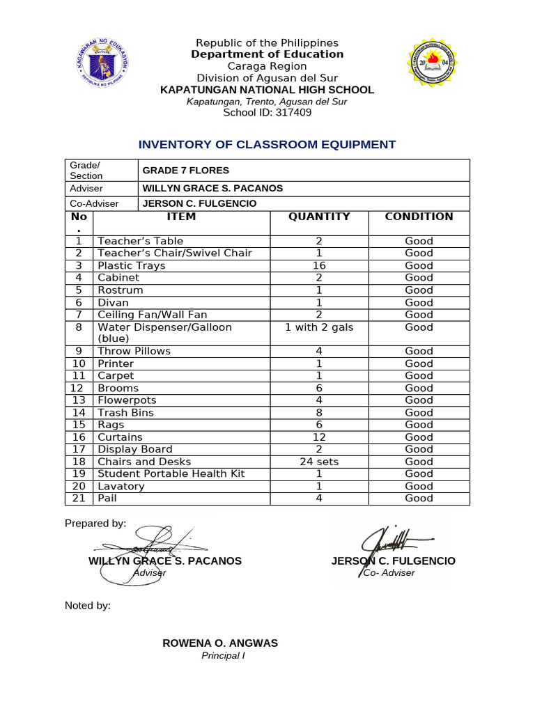 Classroom Equipment Inventory - Kapatungan NH | PDF