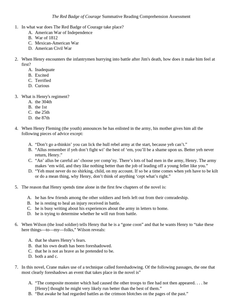 The Red Badge of Courage Summative Reading Comprehension Assessment ...