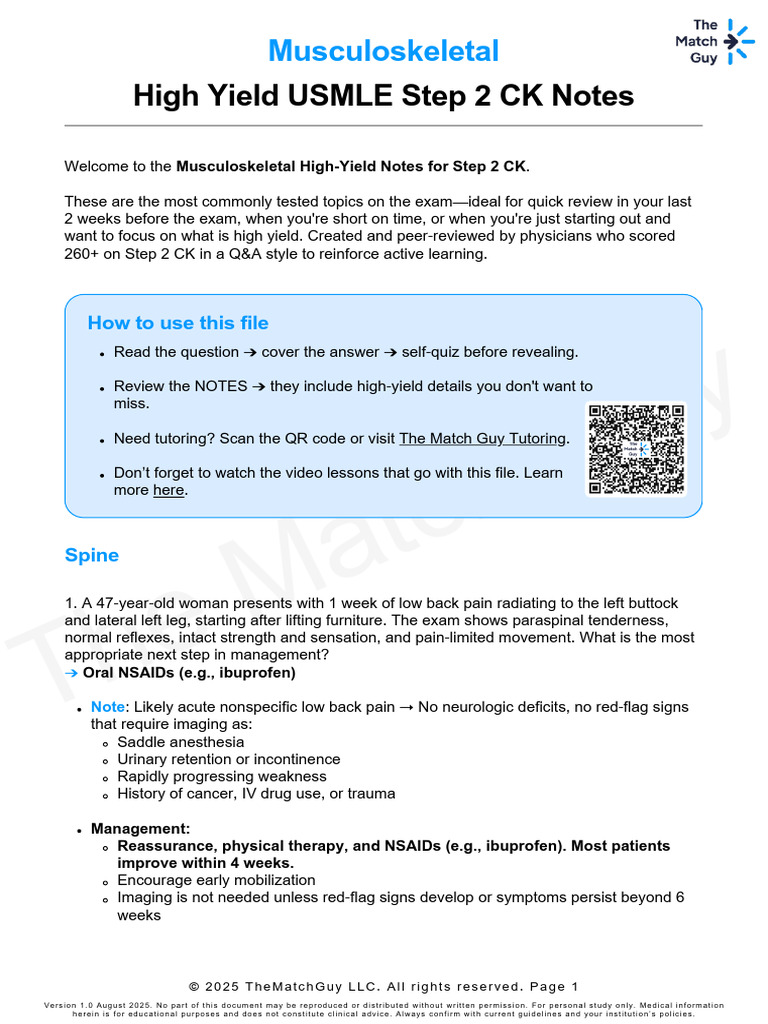 Musculoskeletal High-Yield Notes for Step 2 CK | PDF | Back Pain | Knee